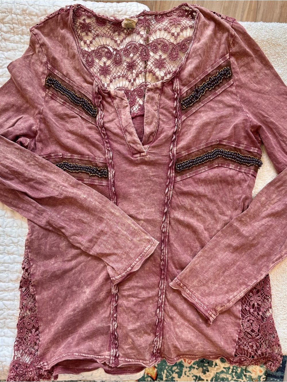 gimmicks by BKE Rose Pink Lace-Back Beaded Long Sleeve Bohemian Top